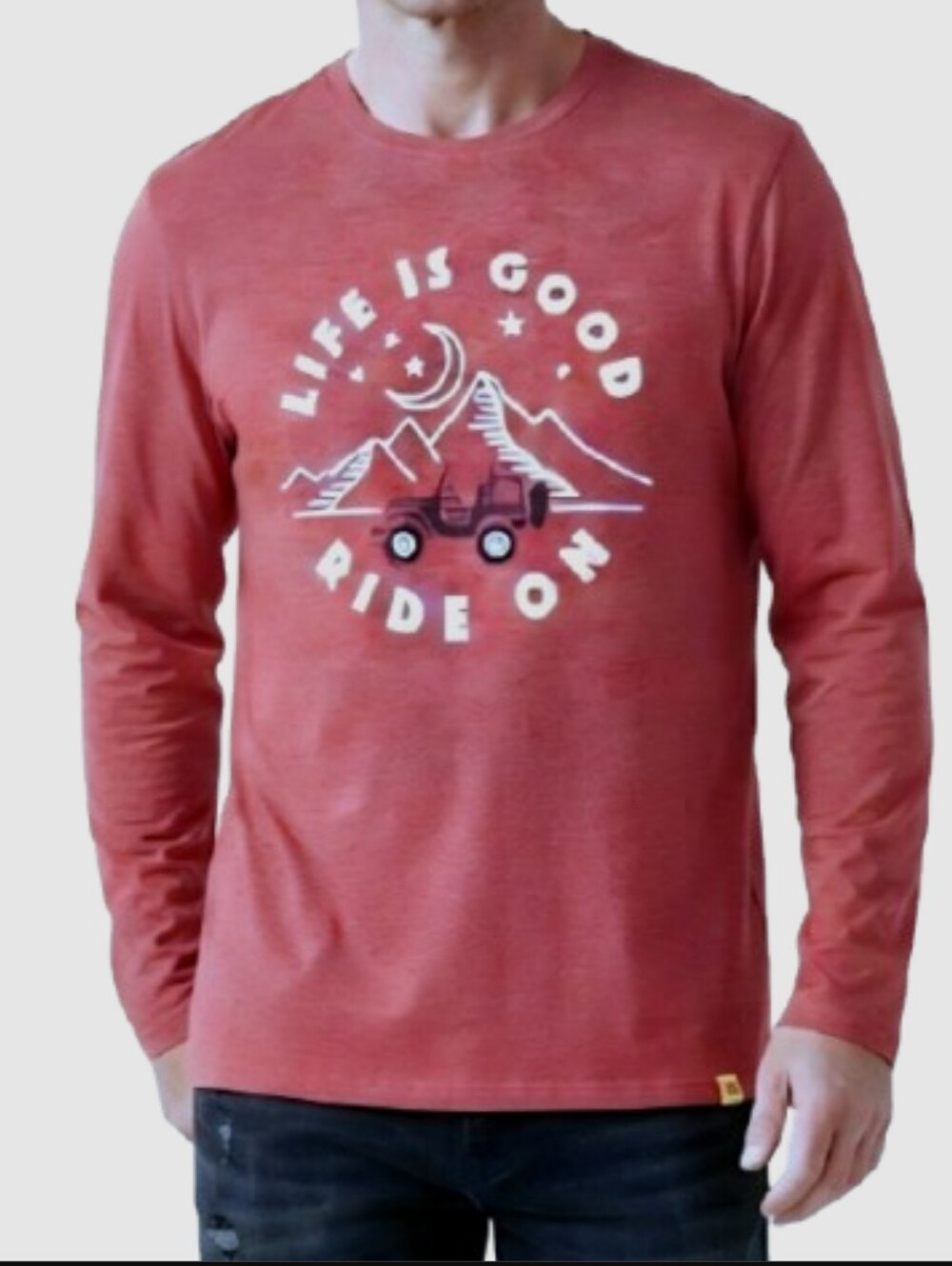 Life is Good Men's "Ride On" Jeep Mountain Long Sleeve Crusher Tee Red Large